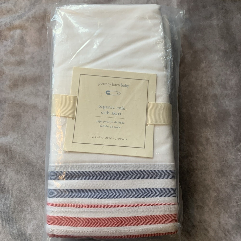 Pottery Barn Baby Cole Crib Skirt Organic Cotton Red Blue Stripe